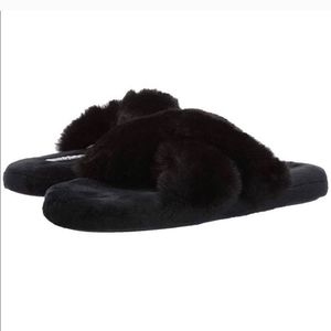 Steve Madden Women Faux Fur Criss Cross Comfy Slippers In Black M 7-8